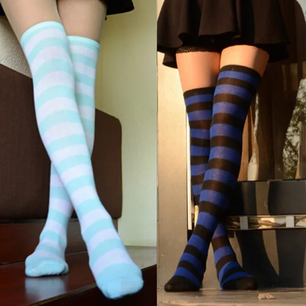 

Women Girl Sexy Thigh High Striped Over the Knee Cotton Stockings