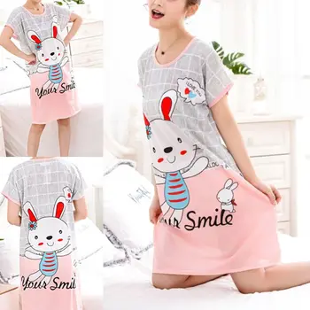 

Womens Short Sleeves Knee Length Nightdress Student Cute Cartoon Bear Rabbit Animal Printed Sleepwear Oversized Loose Loungewear
