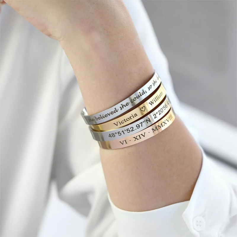 

Lateefah Customized Name Cuff Bracelets Women Open Bangles Stainless Steel Wire Bangle Bracelet Jewelry Free Engraving Letters
