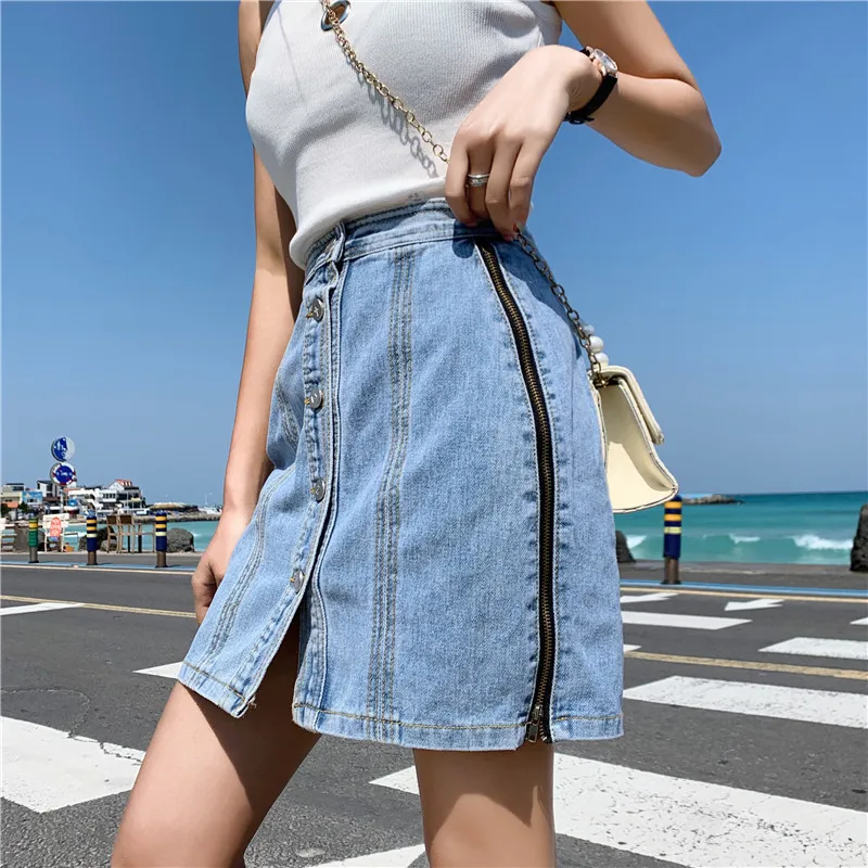 Повседневная Женская однобортная джинсовая юбка, уличная одежда с боковой молнией, высокая талия, юбка-карандаш, женская джинсовая юбка, лето