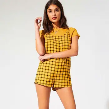 

Women Lady Summer Bib Pants Shorts Playsuit Party Jumpsuit Romper Yellow Plaid Trousers Overalls Fashion Summer Clothing