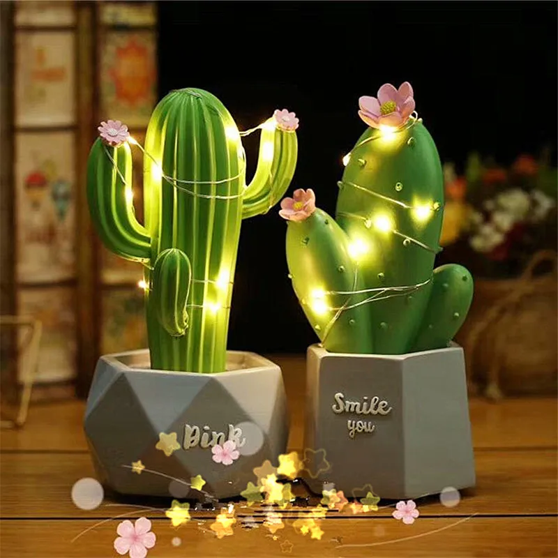 

Ins Resin 3D Cactus Romantic Pink Green Night Light Battery Power Home Decorative Table Lamp For Crafts Home Decoration Lighting