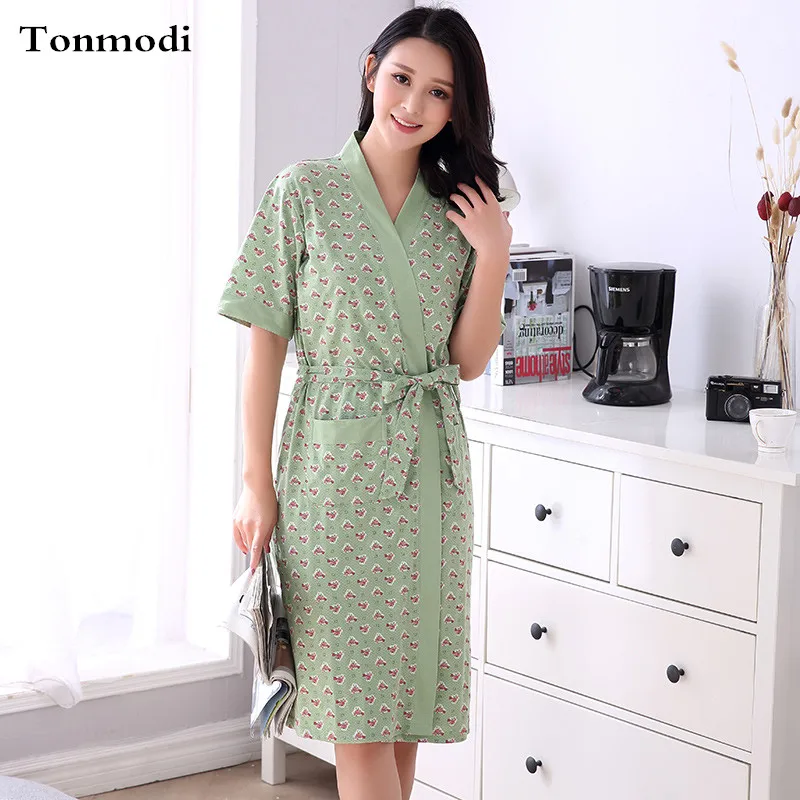 Women's Robes Summer Short sleeve Cotton Sleepwear Thin Bathrobe Women