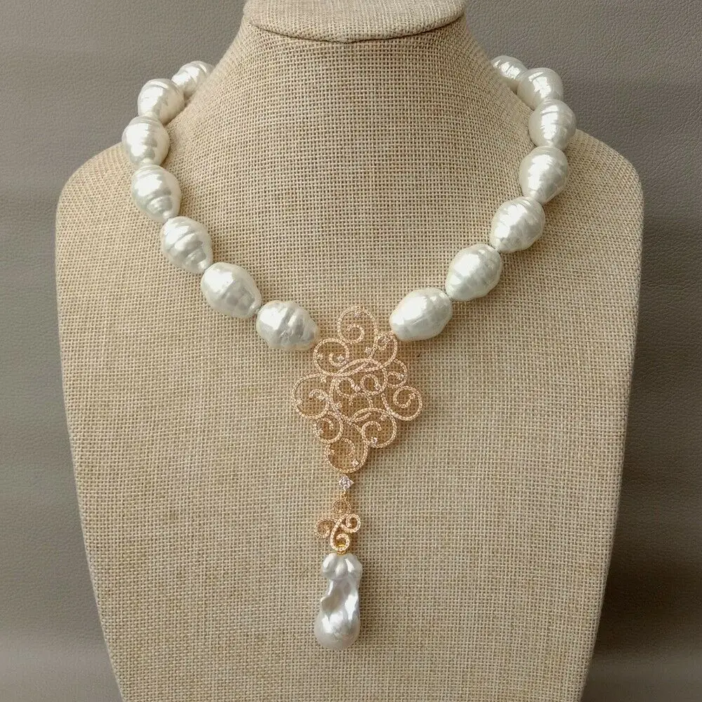 

18" White Sea Shell Pearl Necklace White Keshi Pearl Propitious Cloud CZ Pendant