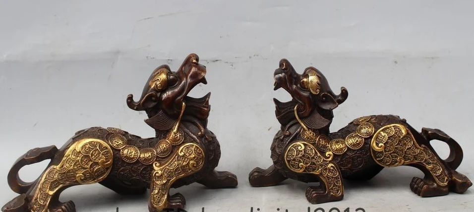 

10" Chinese Bronze Gild Folk Feng Shui Kylin Chi-lin Qilin Statue sculpture Pair