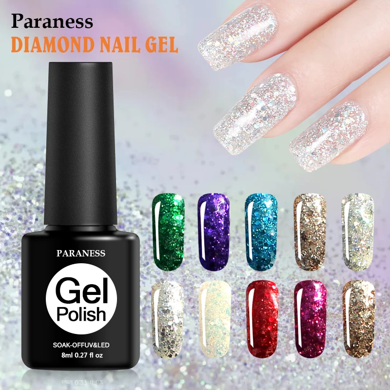 

Paraness 8ml Glitter Diamond UV Gel Nail Polish Semi Permanent Lucky Gel Lacquer Enamel Stamping Base Top Coat Painting Gel Lak
