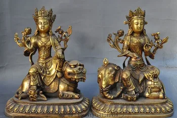 

christmas Old China Bronze Gilt WenShu Pu Xian kwan-yin GuanYin Ride Lion Elephant Statue halloween