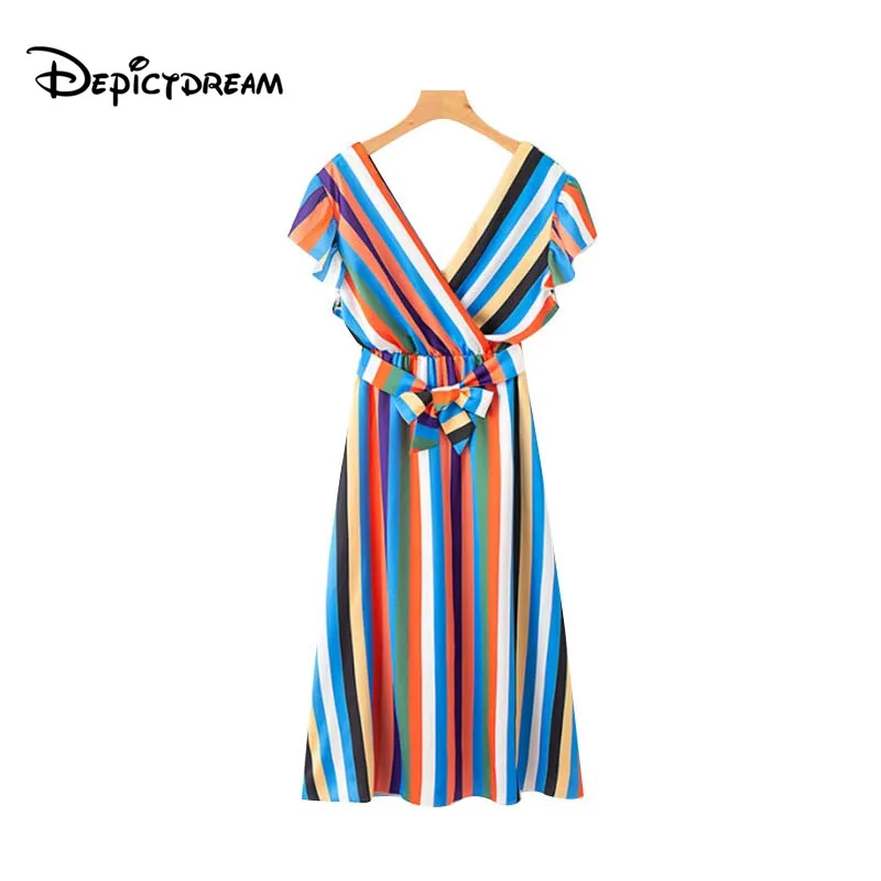 

2019 women colorful striped midi dress V neck short sleeve bow tie sashes elastic waist casual mid calf dresses vestidos