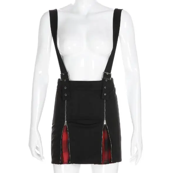 

New women's sexy dark personality zipper red black grid with short skirt