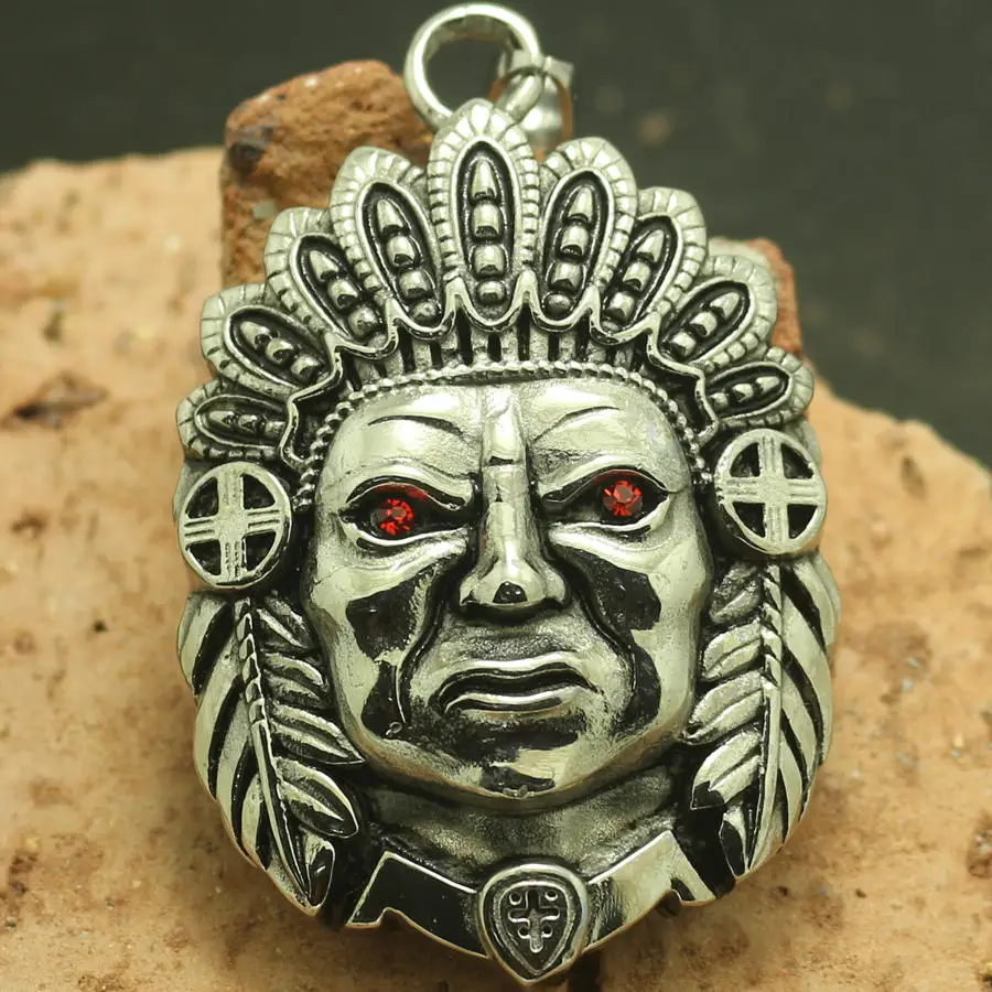 

316L Stainless Steel Cool Big Silver Indians Red Stone Eye Newest Pendant Chain