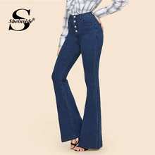 Sheinside, синие женские джинсы на пуговицах с расклешенным подолом, длинные джинсовые брюки, винтажные штаны капри,, осенние женские джинсы стрейч со средней талией