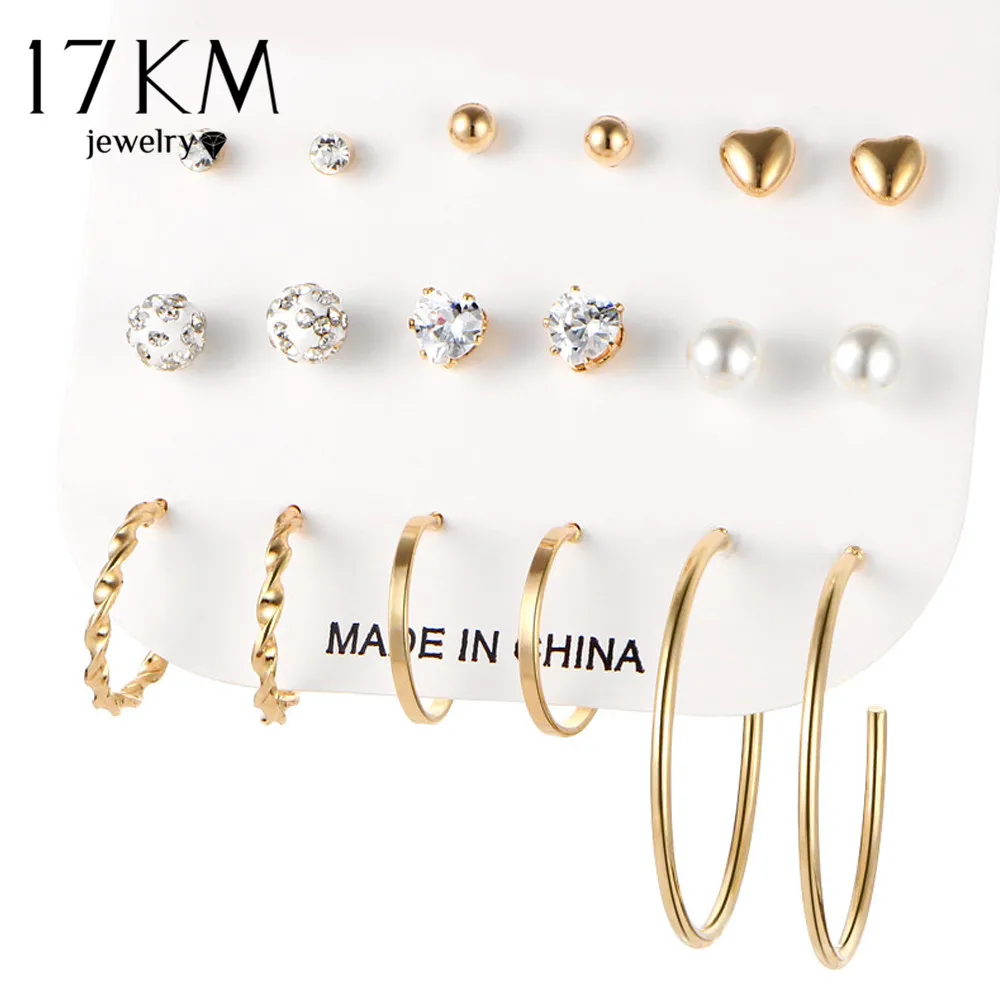 

17KM Unicorn Crystal Simulated Pearl Stud Earrings For Women Vintage Boho Aros Koyle Clip Cuff Heart Earring Set 9 Pairs/Set