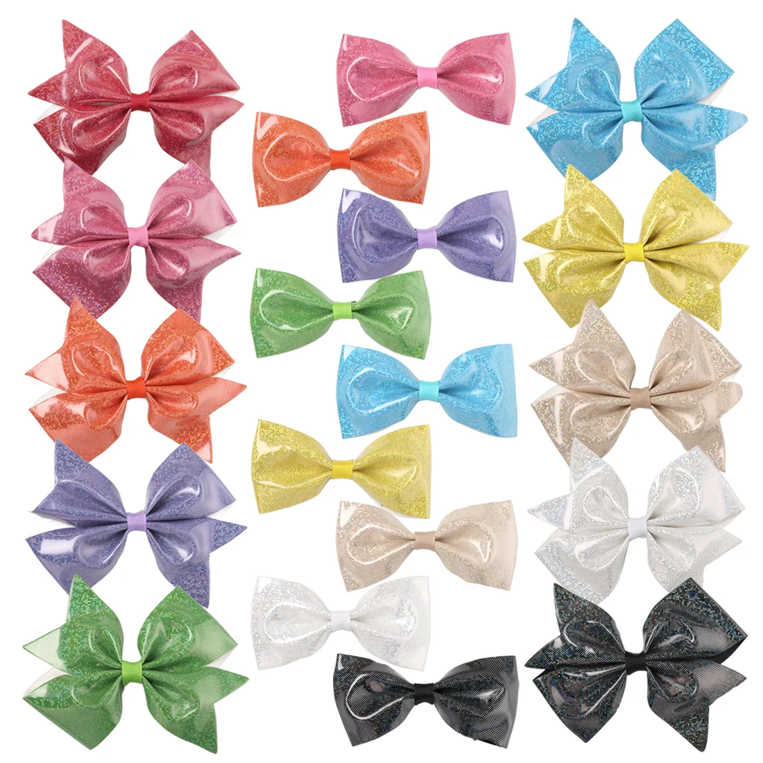 19PCS Glitter PU Hair Bows With Clips Grosgrain Ribbon Knot Hairpins