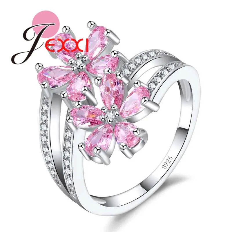 

JEXXI Charms Fashion Pink Flower Shinning Finger Ring 925 Sterling Silver Jewelry Wedding Anniversary Bijoux Wholesale Price