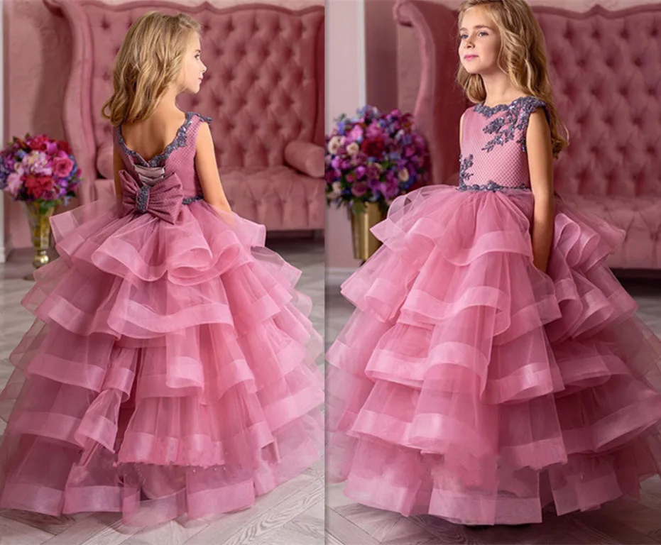 

New Arrival Tulle Flower Girls Dresses for Wedding Customized Ball Gown For 2-14 Y Princess New Girls Pageant Gowns Tiered Longo
