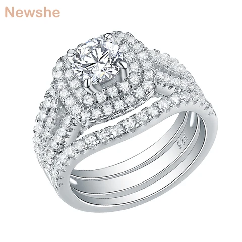 Anéis de Casamento para as Mulheres Anel de Noivado Newshe Peças Prata Esterlina 2 ct Aaa cz Azul Pedras Laterais Clássico Jóias Conjunto 3 925