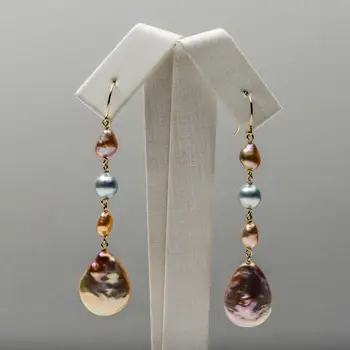 

4-14mm Multicolor Real Akoya Pearl Keshi Pearl Long Drop Earrings 9k Yellow Gold