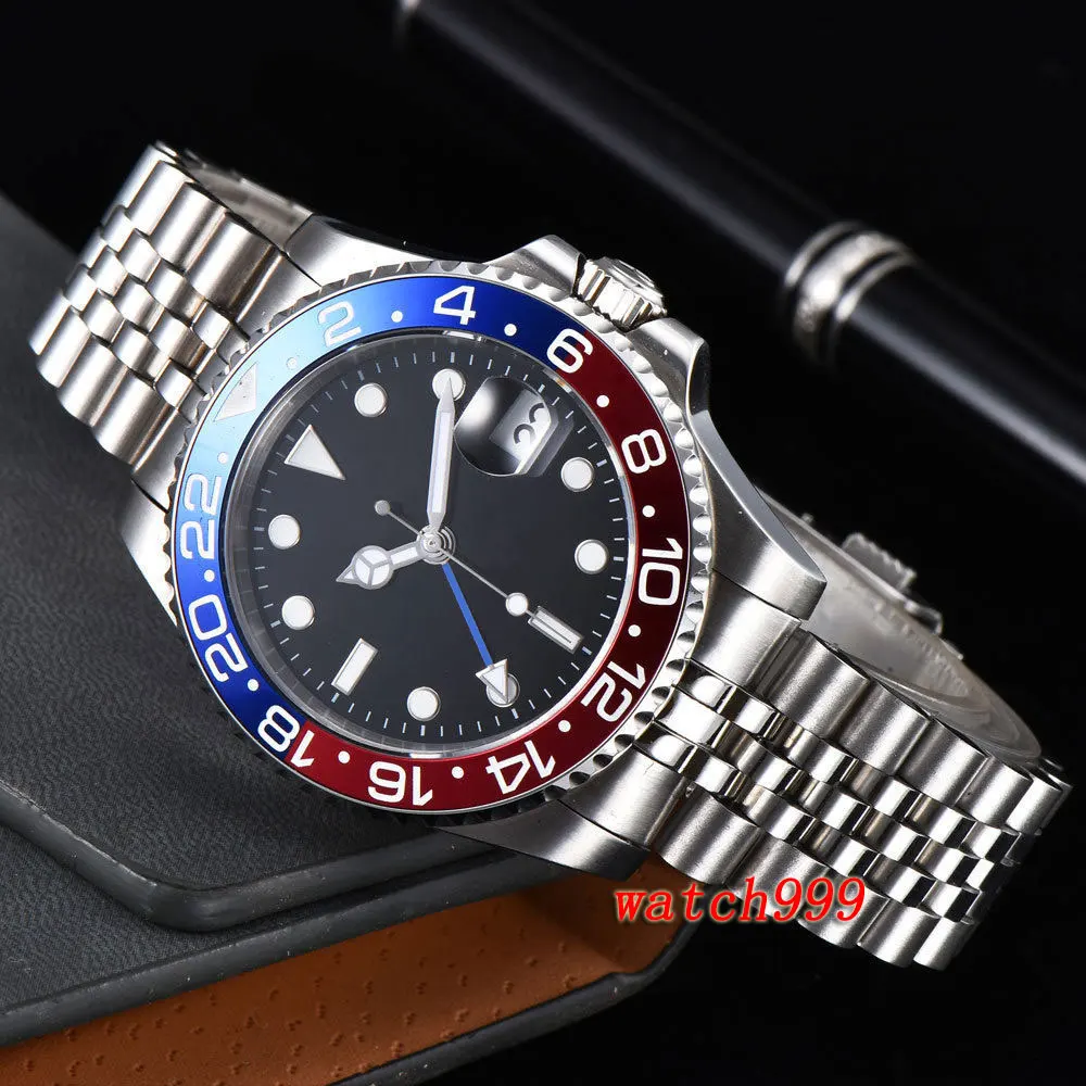 40 мм PARNIS синий/красный ободок механические часы с застежками, Юбилейный браслет, сапфировое стекло, дата, GMT, автоматические мужские часы