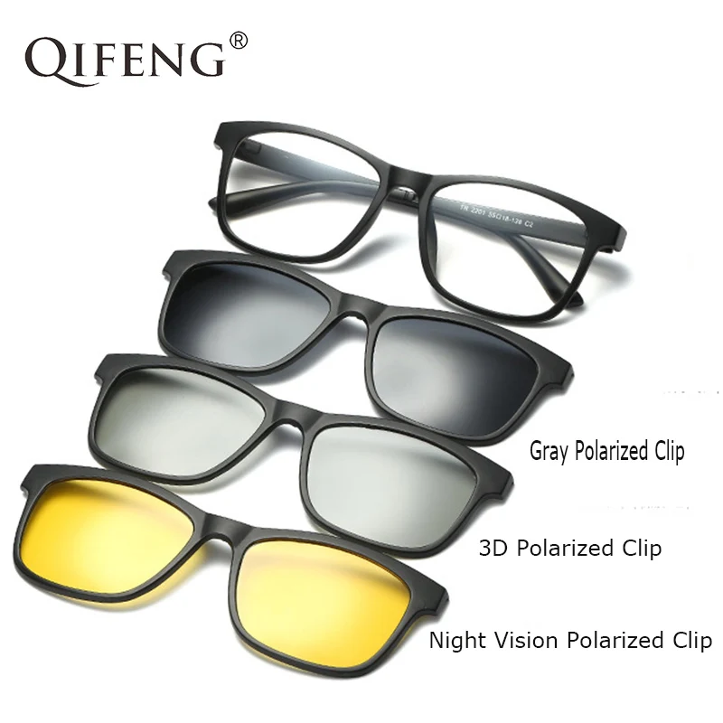 

QIFENG Optical Spectacle Frame Men Women With 3 Clip On Sunglasses 3D Polarized Magnetic Glasses For Male Eyeglasses QF126