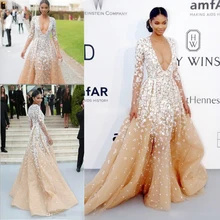 Vestidos Champagner Zuhair Murad Abendkleid 2016 Appliques Tiefem V-ausschnitt Langarm Formale Kleider Abend Tragen Sweep Zug