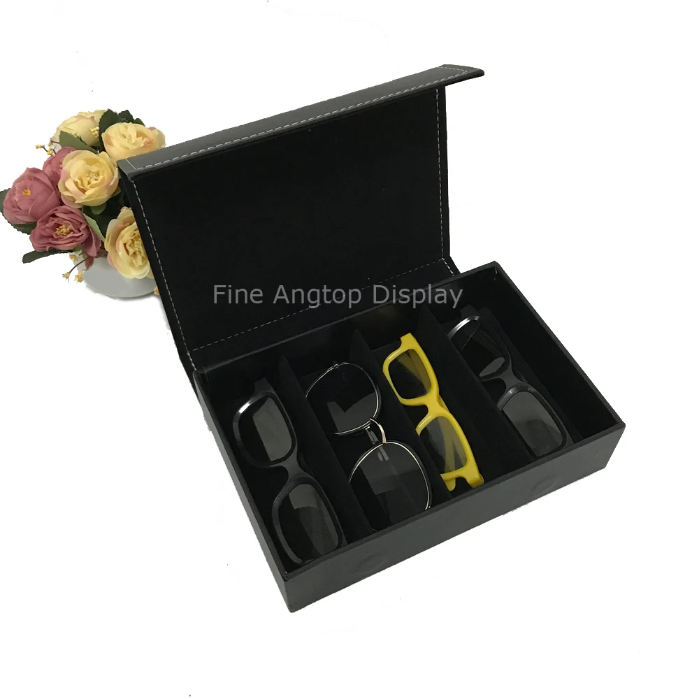 

PU Leather Black Glasses Display Case 4 pairs Storage Box With Foldable Lid For Sunglasses Eyewear Jewelry Display Box