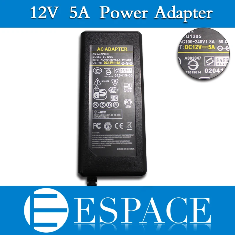 

New 12V 5A 60W Power Supply AC 100-240V to DC Adapter For 3528 5050 Strip LED with US/EU plug free shipping