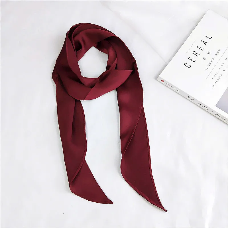 Wine Red Women Fashion Ribbon Silk Scarf Beautiful Solid Design Girls Neckerchief Hair Band Bag Handle Wraps Small Neck Scarves - Цвет: Wine Red