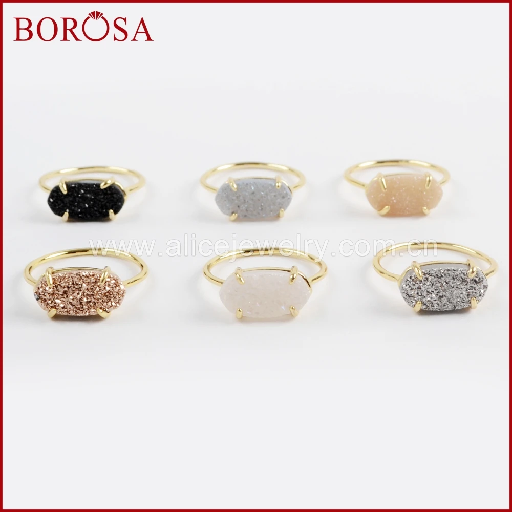 

BOROSA 5PCS Gold Color Claw Hexagon Rainbow Titanium Druzy Ring, New Arrival Drusy Prong Setting Rings for Women Jewelry ZG0319