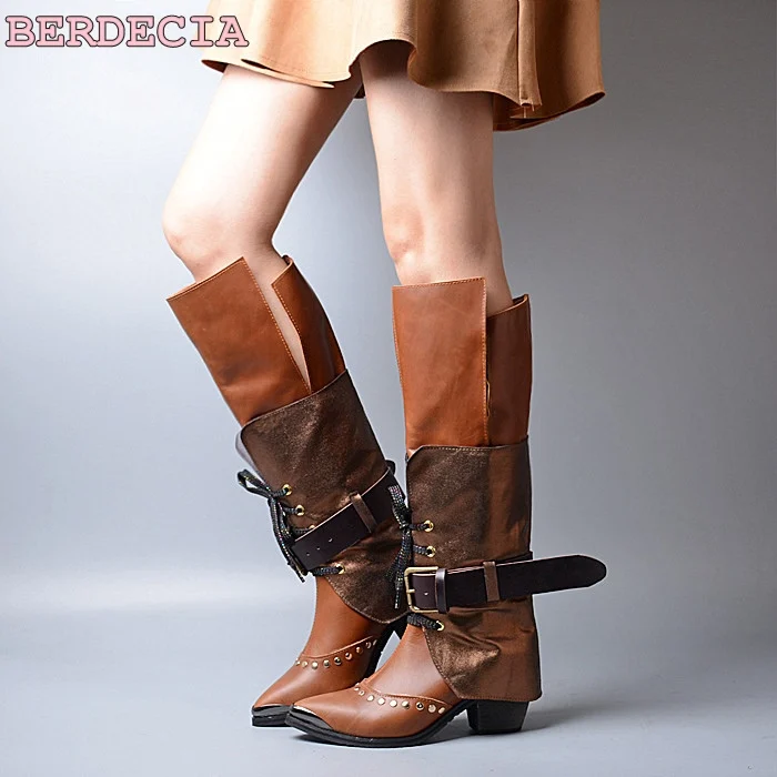 

Roman new arrival color matching rivet buckle strap boots knee high lace up wedged shoes pointed toe fit women long boots