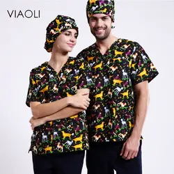 Viaoli 2017 платок печати v-образным вырезом с короткими рукавами Доктор медицинских сестер одежда салон красоты pet больницы форменная рубашка