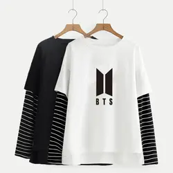Harajuku Новый BTS Kpop одежда Bangtan мальчики повседневные полосатые толстовки Толстовка с длинным рукавом o-образным вырезом Ложные две пуловеры