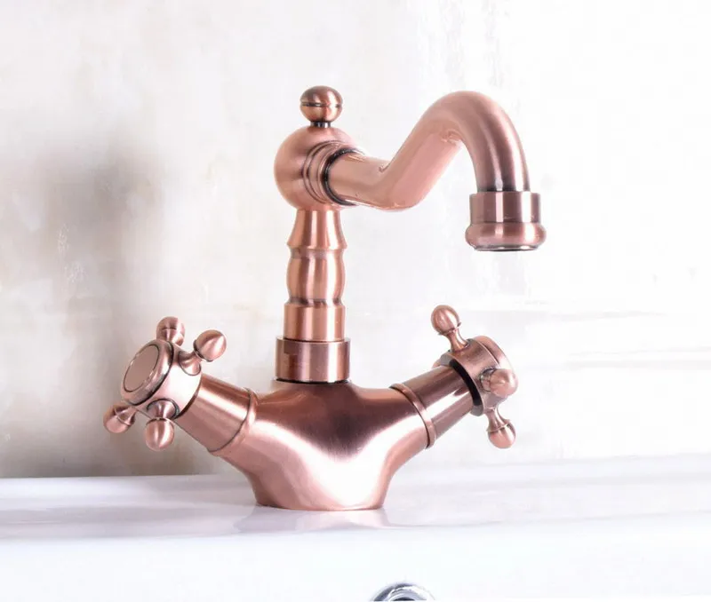 Vintage Red Copper Antique Brass Dual Cross Handles Swivel Spout Bathroom Basin Kitchen Sink Faucet Cold & Hot Mixer Tap anf256