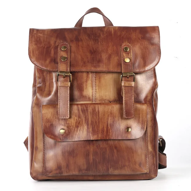 Cool Vintage Natural Genuine Leather Men Backpack Retro Leisure