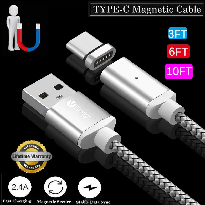 Магнитный кабель USB Type C 1 м/2 м/3 м Кабель адаптер для быстрой зарядки Samsung S8 Google Pixel2