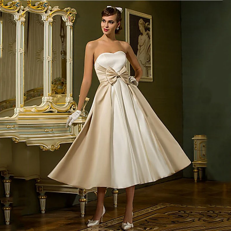 Plus Size A Line Satin Wedding Dresses 2016 New Arrival Tea Length