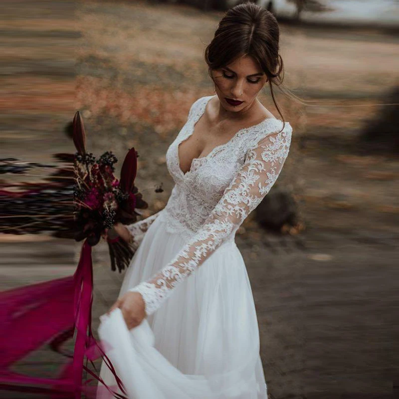 

White V Neck A-Line Long Sleeves Wedding Dresses Summer Beach Bridal Gowns Plus Size Backless Floor Length Vestido De Novia