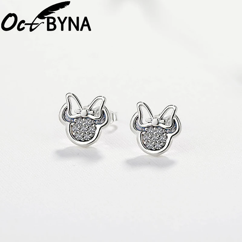 

Octbyna Anime Mickey Minnie Silver Color Brand Earring For Women Girl Sparkling Fashion Stud Jewelry Dropshipping