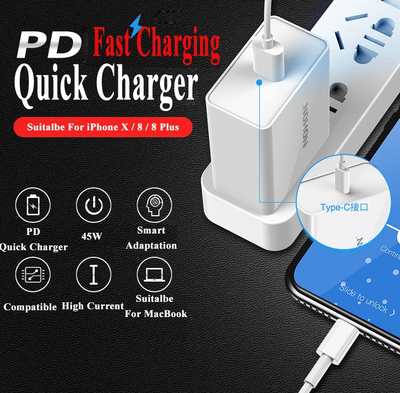 Nohon 45W USB Type C Charger For iPhone X 8 Plus 8 8P MacBook Fast USB-C Mobile Phone PD Charger Quick Charge For Galaxy S8 S9 Details (01)