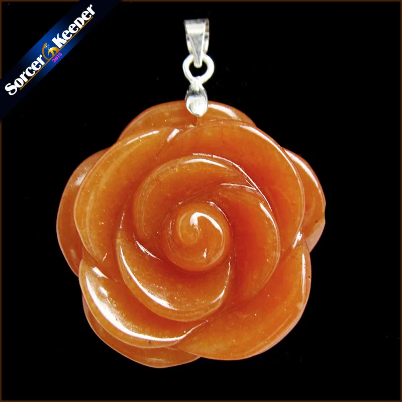 Hand Carved Natural Aventurine Stone Flower Amulet Lucky Women Cute Pendant Necklace Fashion Crystal Jewelry Beads 1PCS -HS109