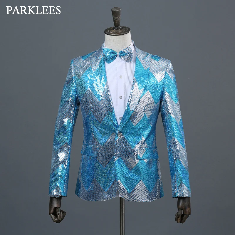 Shiny Sequins Glitter Blazer Men Single Button Slim Fit Mens Blue Suits