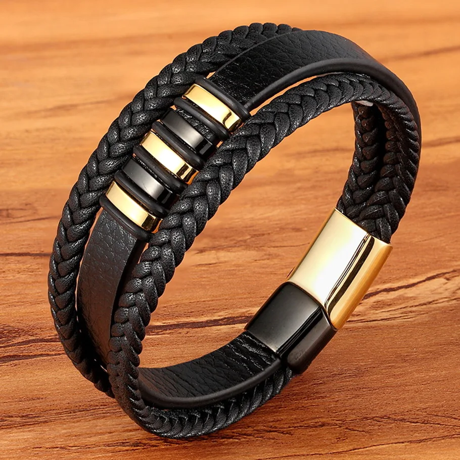 High Quality Stainless Steel Charm Stackable Layered Bracelet Leather Genuine Braided Black Bracelet for Men’s Hand Jewelry