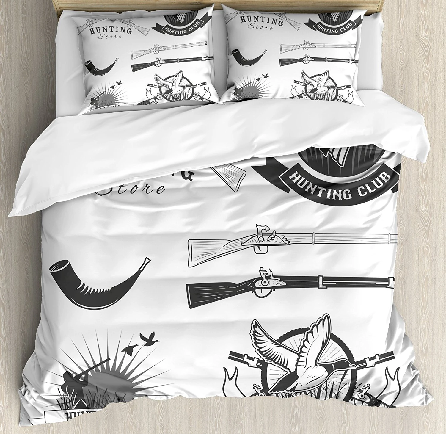 Hunting Duvet Cover Set Hunting Store and Club Labels Duck Goose Mallard Rifles Reed Bed Decorative 4 Piece Bedding Set