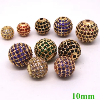 

10mm Round Ball Micro Pave Zircon CZ European Charms Gold Plated Multi-color Big Hole Spacer Beads DIY Findings Making Bulk
