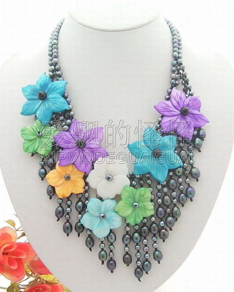 

N012936 19" 2Strands Black Pearl Shell Flower Necklace