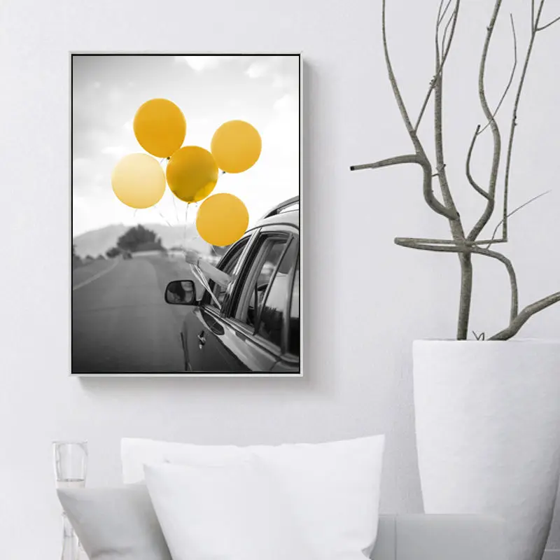 Черно-белая пейзажная картина домашний декор Скандинавская Картина на холсте желтый воздушный шар Печать Гостиная Спальня Настенная художественная живопись