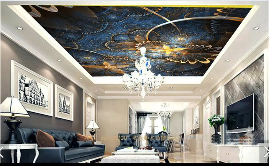 

Customi 3d photo wallpaper 3d ceiling wallpaper mural Blue gold flower prosperous European condole top 3d living room wallpaper