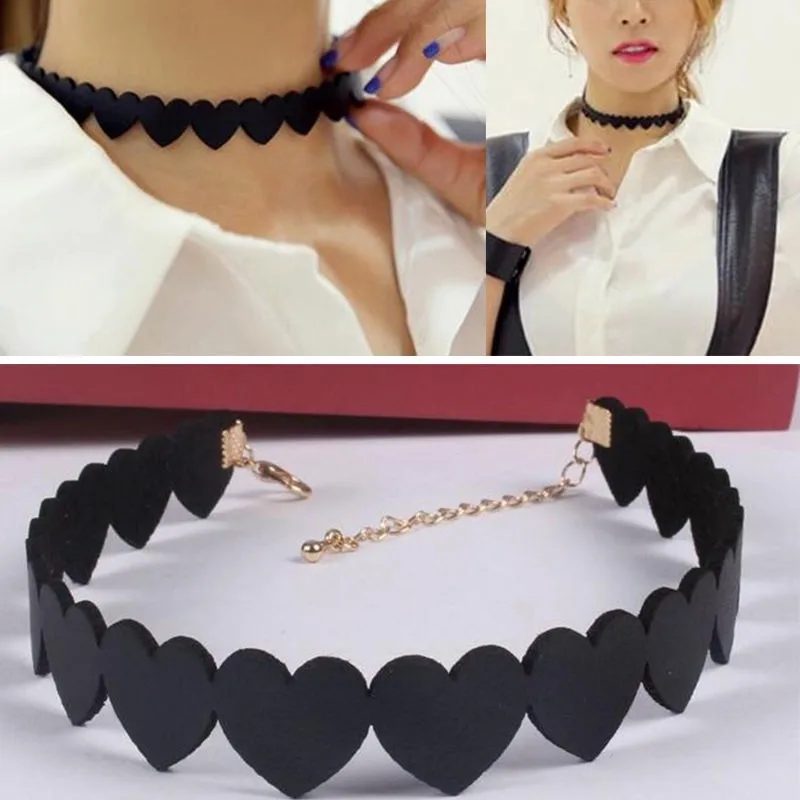 Женское колье-чокер из кожи модное черное бархатное ожерелье с сердечками милое