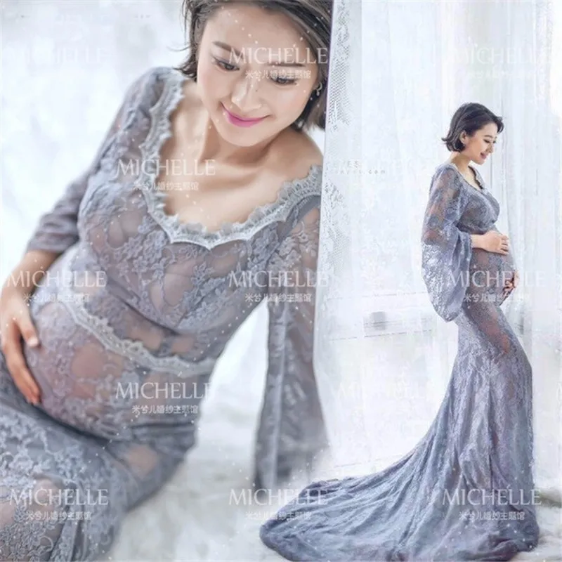 Беременная женщина Подставки для фотографий фотосессии красивое серое кружевное платье для беременных платье со шлейфом двух Слои изящное цельнокроеное платье детского дня рождения
