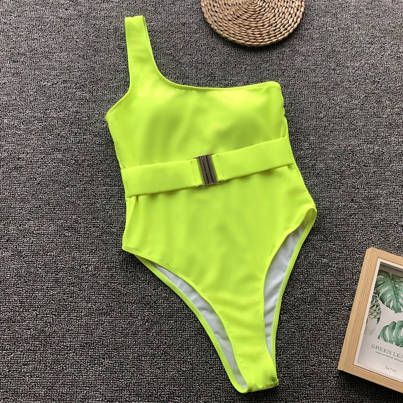 

Neon One Piece Swimsuit Buckle One Shoulder Bathing Suit Women Swimwear Maillot De bain Femme 2019 New Une Piece Bikini Monokini