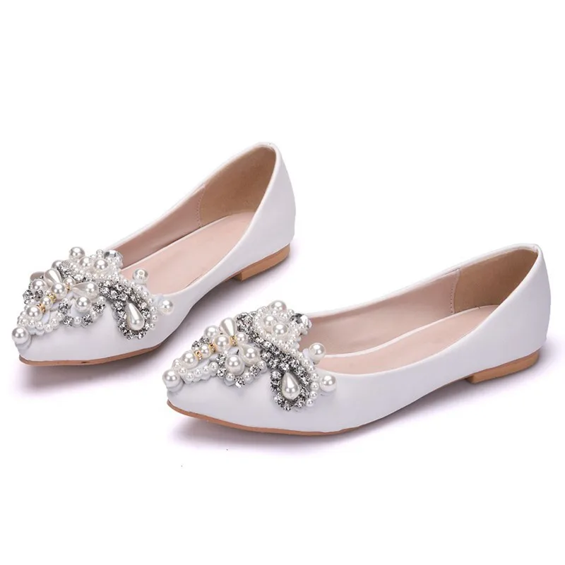 

White Slip On Flat Wedding Shoes Crystal Beaded Bridal Flat Shoes Women Ladies Pointed Toe Pointed Toes Shoes XY-B0192